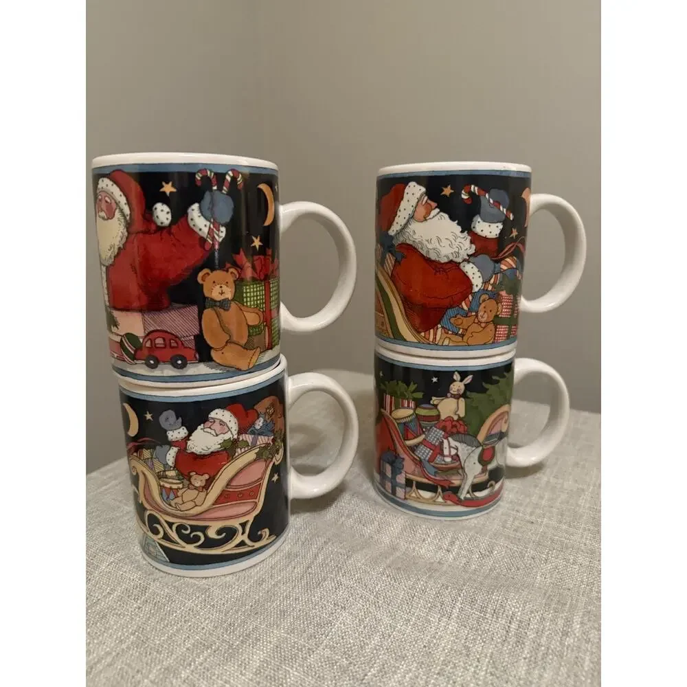 ❄️ Susan Winget Certified International Christmas Mugs Set of 4 Santa Sleigh 4”